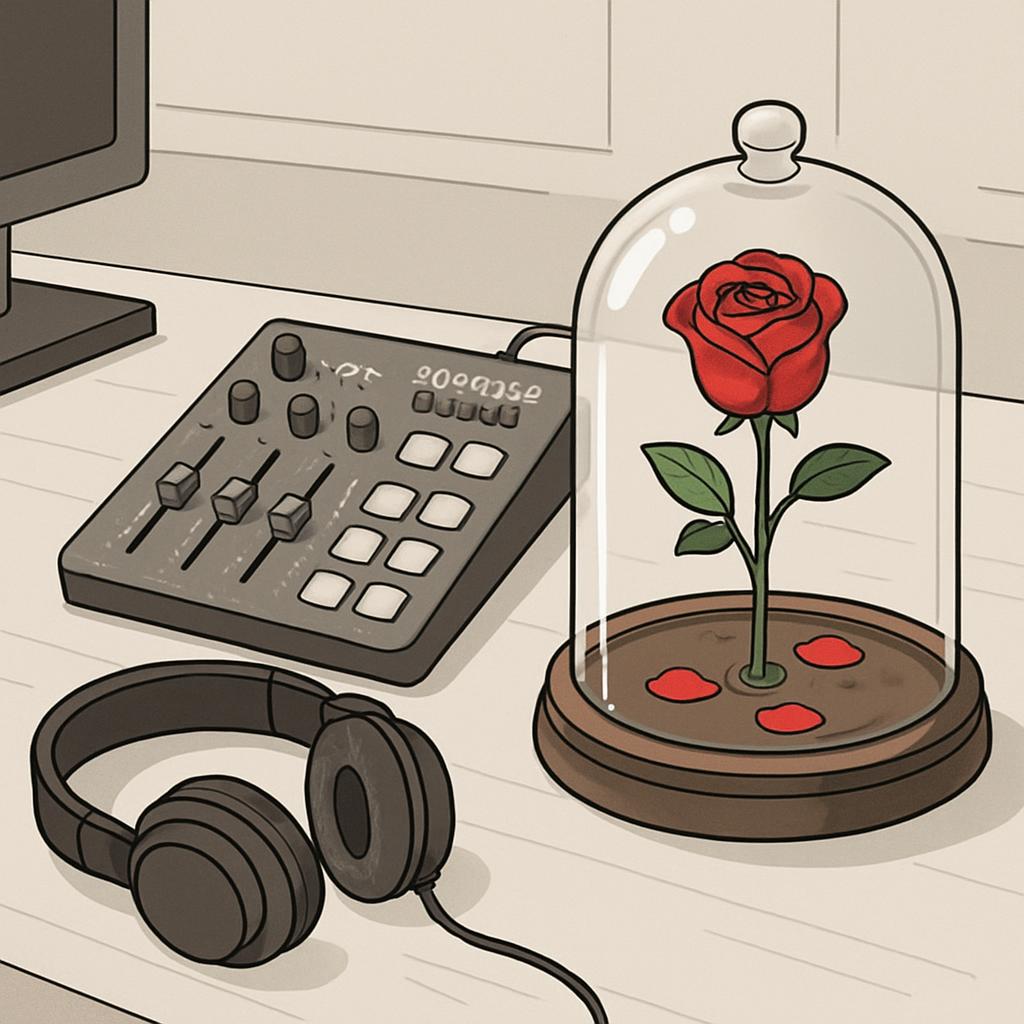 An illustration of a rose in a glass dome on a desk, accompanied by various objects, such as headphones, a keyboard and a ...