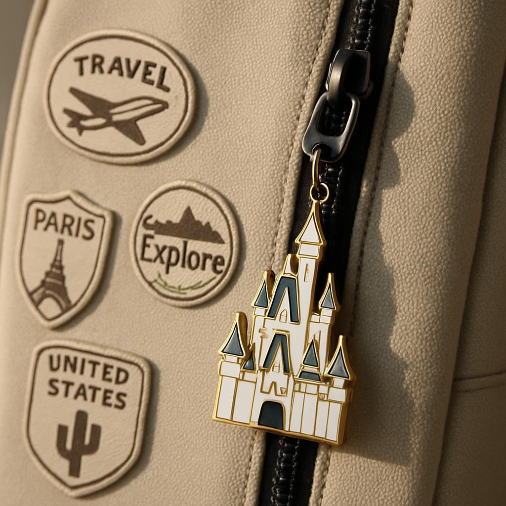 **Product Description: Travel Pins** This imagery showcases three distinct travel pins on a bag, each representing a memor...