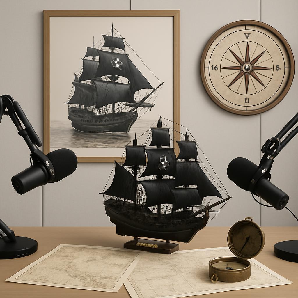 A podcast-style studio set, featuring a framed black-and-white photograph of an ancient ship, a Compass, a map, and a 3D-p...